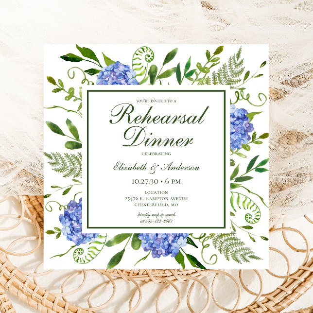 Invitation Dîner de répétition photo d'hortensias bleus (Créateur téléchargé)