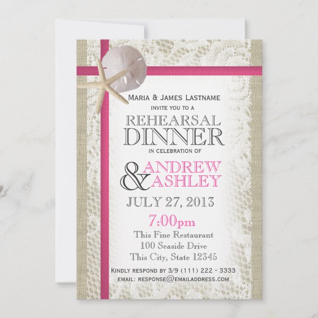 Invitation Dîner de répétition Pink Beach et Burlap (Devant)