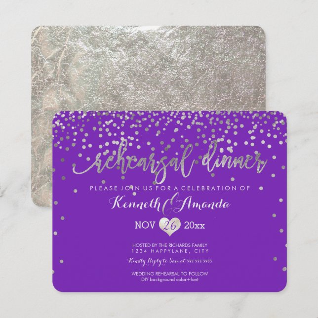 Invitation Dîner de répétition PixDezines/Faux Silver Confett (Devant / Derrière)