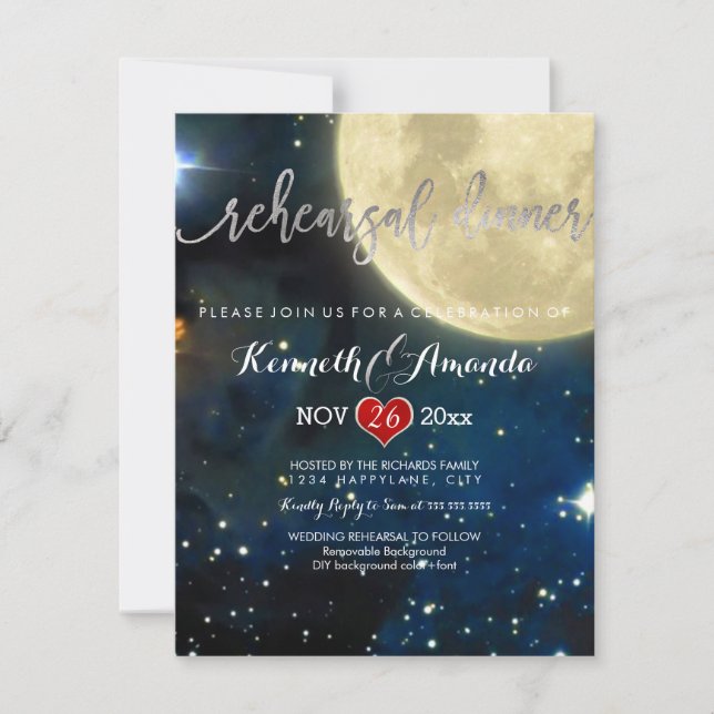 Invitation Dîner de répétition PixDezines/Nuit étoilée/Lune (Devant)