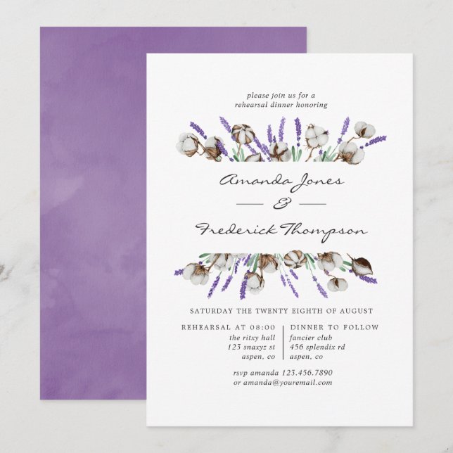 Invitation Dîner de répétition pour Mariage de lavande et de  (Devant / Derrière)
