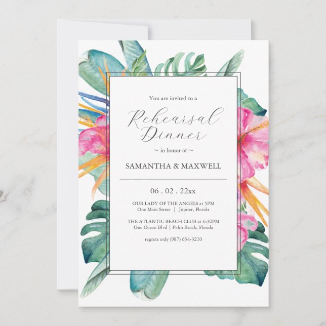 Invitation Dîner de répétition pour Mariages botaniques tropi (Devant)