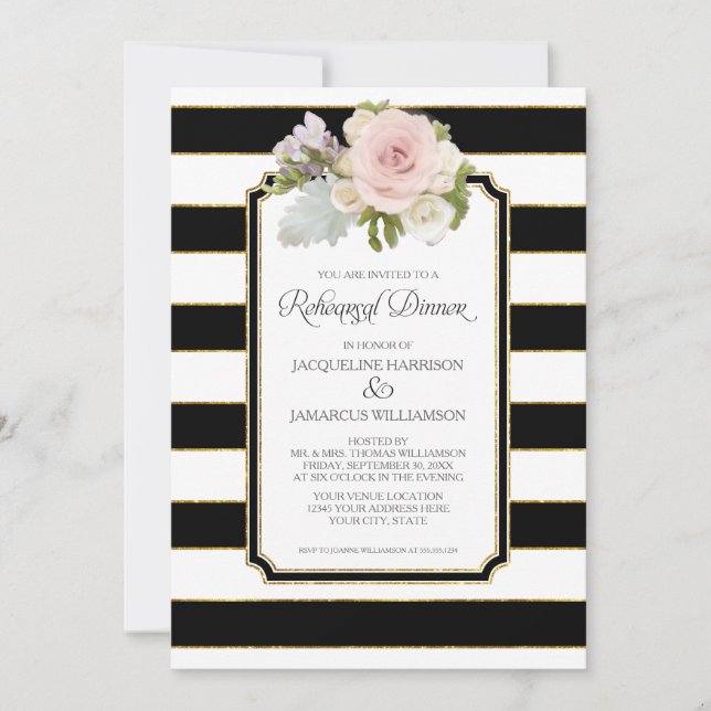 Invitation Dîner de répétition rayé floral moderne faux or (Devant)