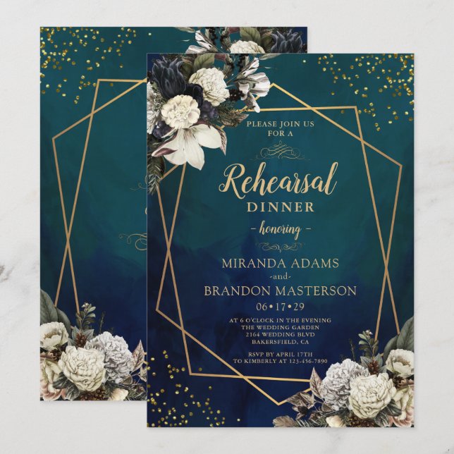 Invitation Dîner de répétition romantique Floral Gold Wreath (Devant / Derrière)