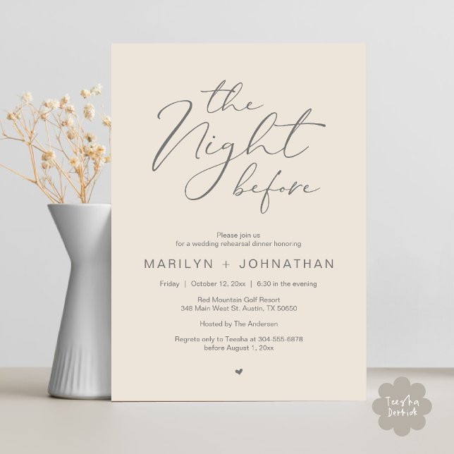 Invitation Dîner de répétition romantique la veille du mariag (Romantic The Night Before Modern Wedding Rehearsal Dinner Invitation Card PDF Aesthetic Cream Grey)