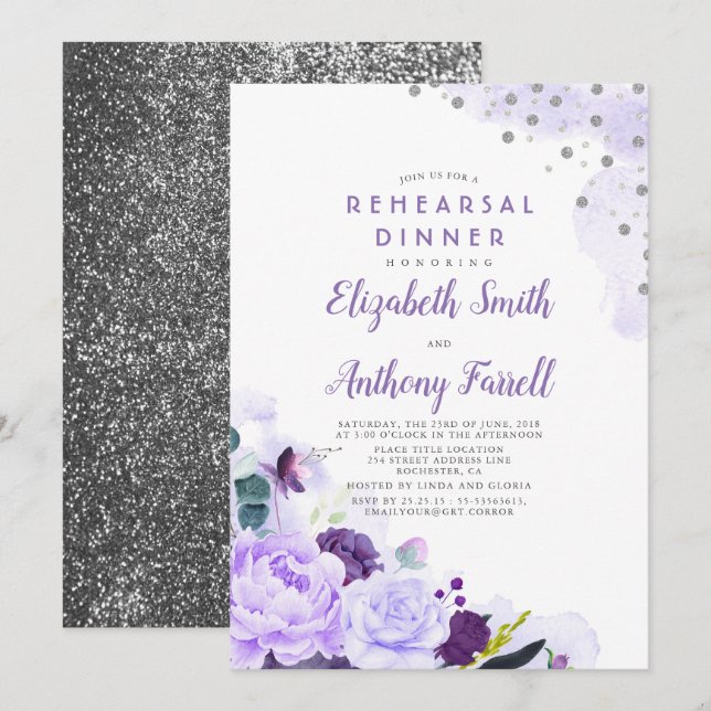 Invitation Dîner de répétition romantique violet et argenté (Devant / Derrière)