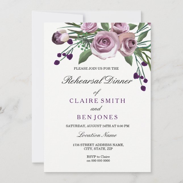 Invitation Dîner de répétition romantique violet Rose Mariage (Devant)