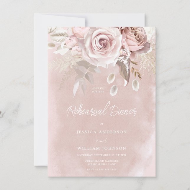Invitation Dîner de répétition Rose aquarelle et roussâtre (Devant)