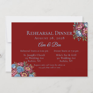 Invitation Dîner de répétition Rose Burgundy Peony et Blue