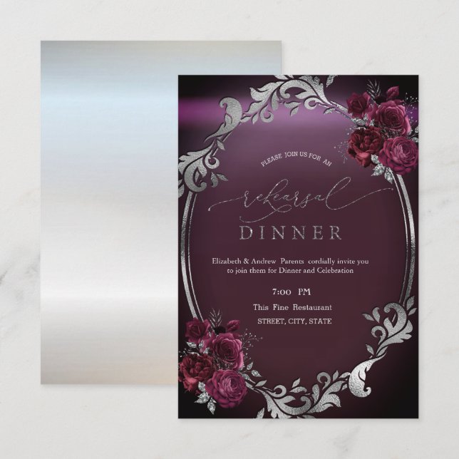 Invitation Dîner de répétition Rose Chic Argent Frame Bourgog (Devant / Derrière)