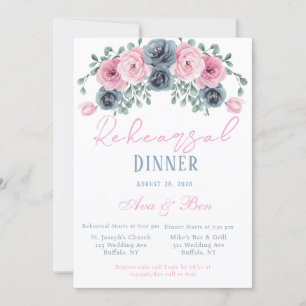Invitation Dîner de répétition rose et bleu poussiéreux