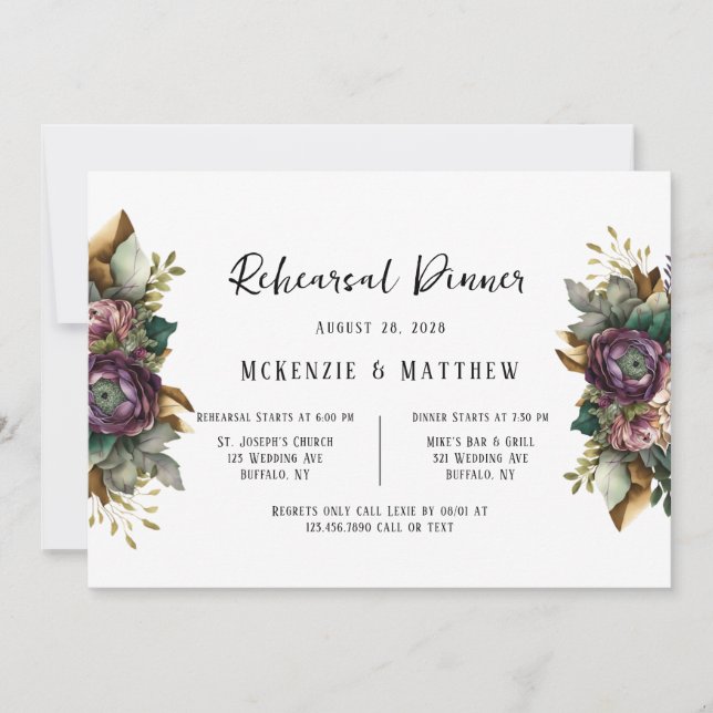 Invitation Dîner de répétition rose et vert Peony (Devant)