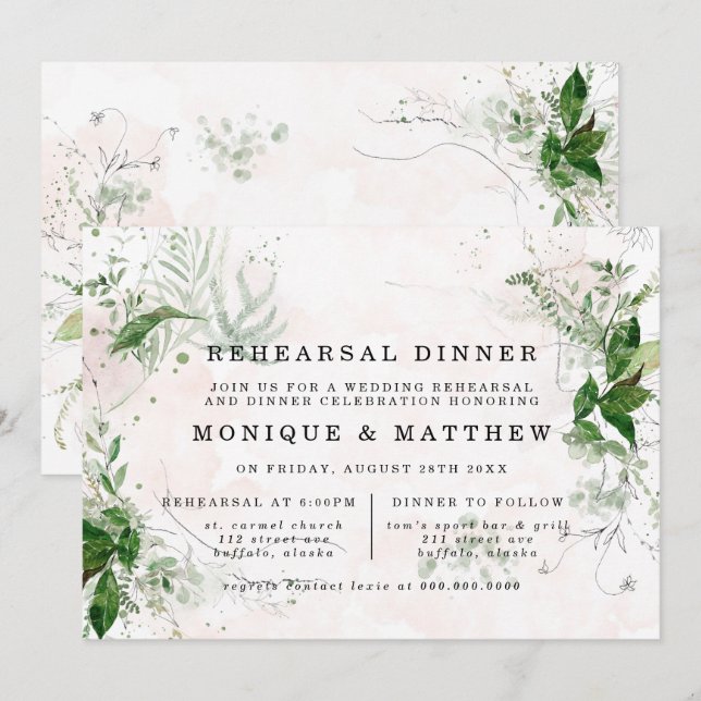Invitation Dîner de répétition rose Feuille Eucalyptus (Devant / Derrière)
