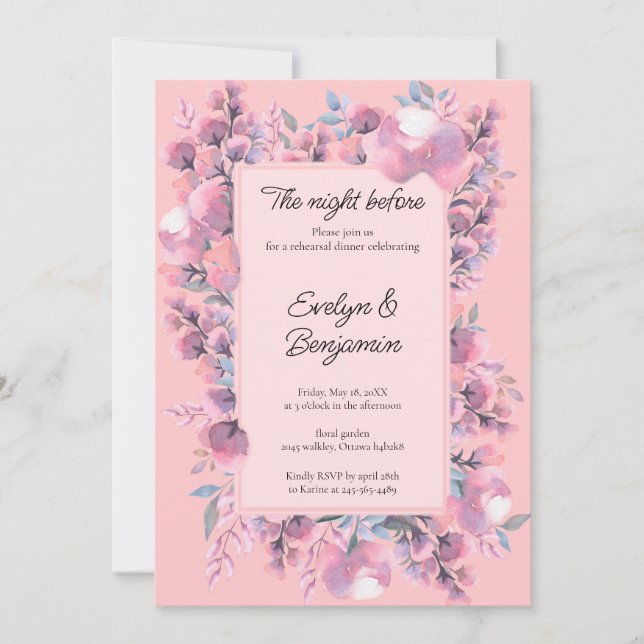 Invitation Dîner de répétition Rose Floral Dusty (Devant)