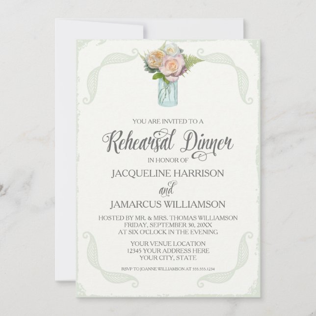 Invitation Dîner de répétition Rose Floral Mason Jar Typograp (Devant)
