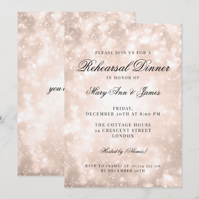 Invitation Dîner de répétition rose Gold Champagne Bokeh Élég (Devant / Derrière)