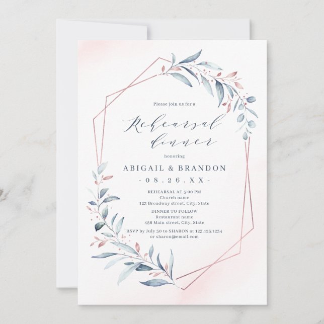 Invitation Dîner de répétition rose Gold Dusty Blue Greenersa (Devant)