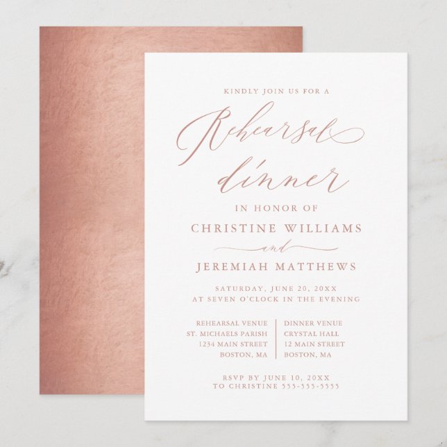 Invitation Dîner de répétition rose Gold Script Metallic Mari (Devant / Derrière)