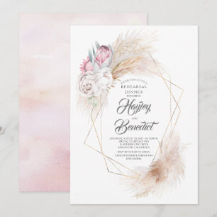Invitation Dîner de répétition rose King Protea et Pampas Gra