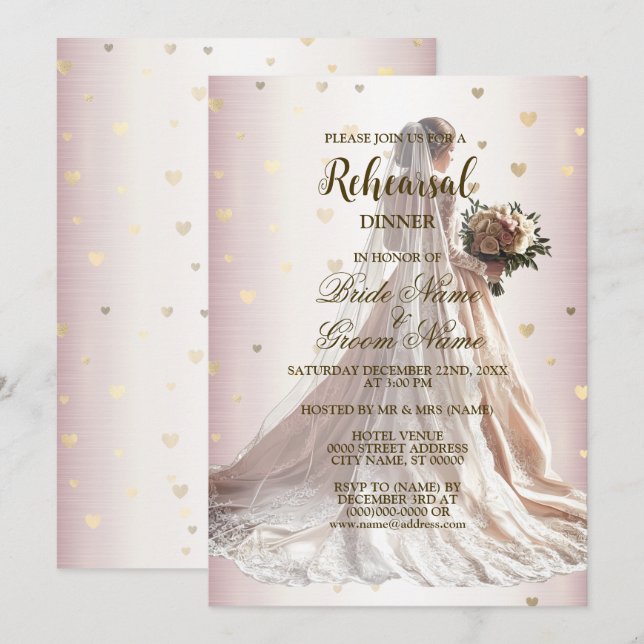 Invitation Dîner de répétition Rose Mariée d'hiver Mariée d'o (Devant / Derrière)