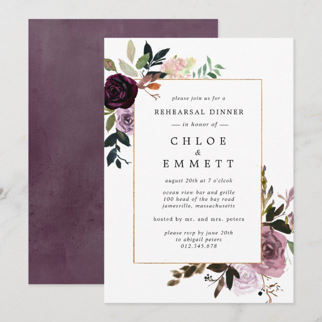 Invitation Dîner de répétition rose mauve Plum rose (Devant / Derrière)