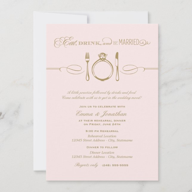 Invitation Dîner de répétition rose pour boire et être marié (Devant)
