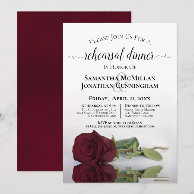 Invitation Dîner de répétition Rose romantique de Bourgogne (Devant / Derrière)