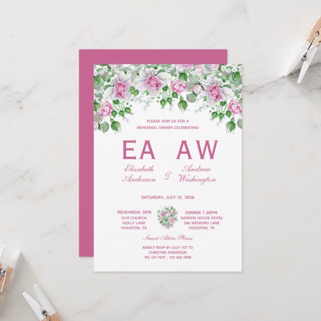 Invitation Dîner de répétition Rose romantique rose (Devant/Arrière en situation)