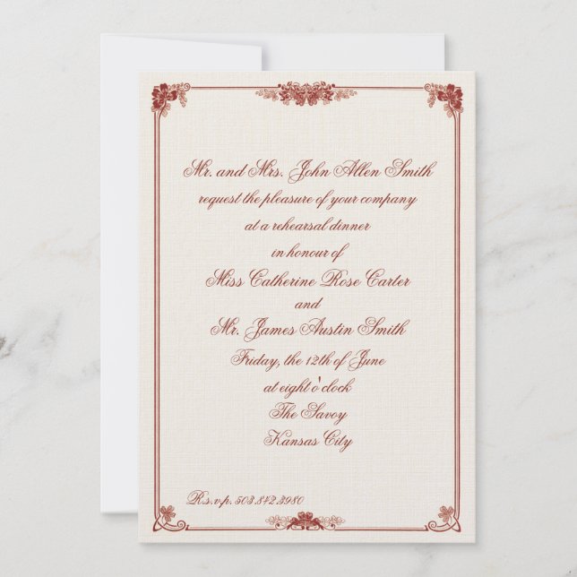 Invitation Dîner de répétition rouge Art nouveau (Devant)
