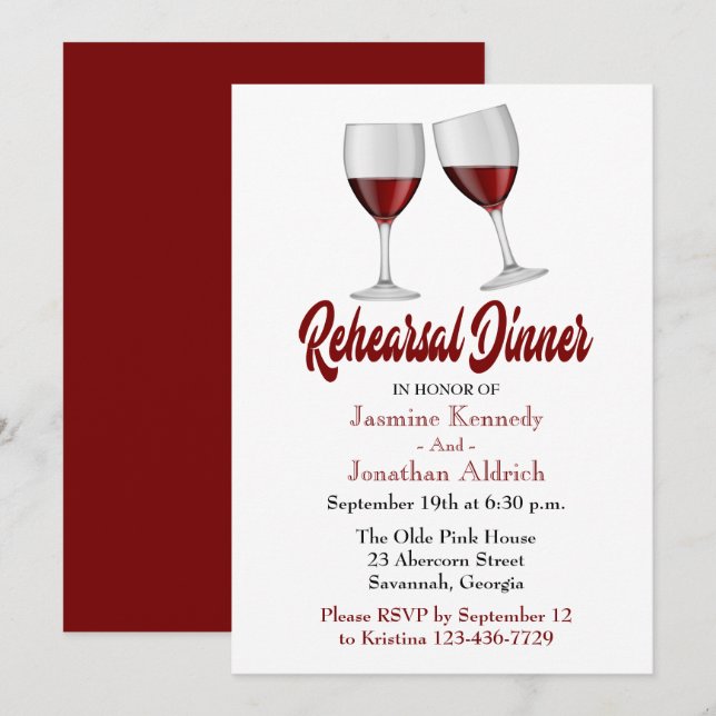 Invitation Dîner de répétition rouge Bourgogne Vins Mariage (Devant / Derrière)