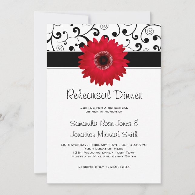 Invitation Dîner de répétition Rouge Gerbera Daisy Black Scro (Devant)