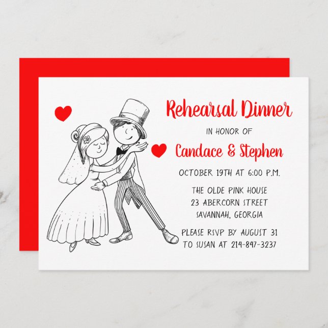 Invitation Dîner de répétition rouge Mariage de la salle de d (Devant / Derrière)