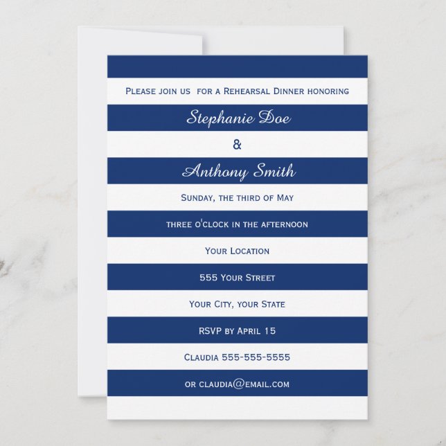 Invitation Dîner de répétition Royal Blue Striped (Devant)