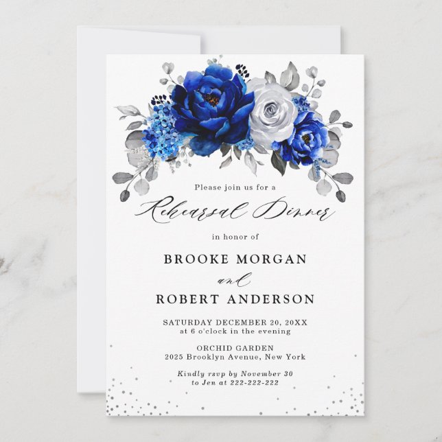 Invitation Dîner de répétition Royal Blue White Silver Floral (Devant)