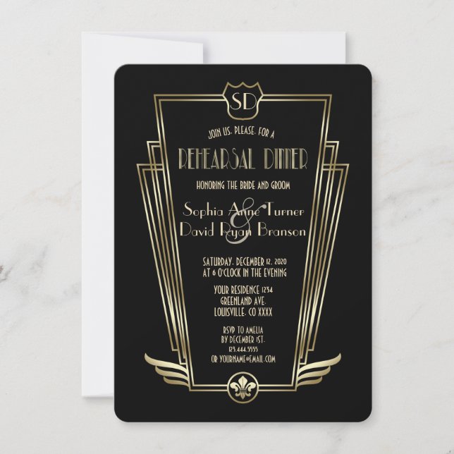 Invitation Dîner de répétition Royal Gold Black Art Deco (Devant)