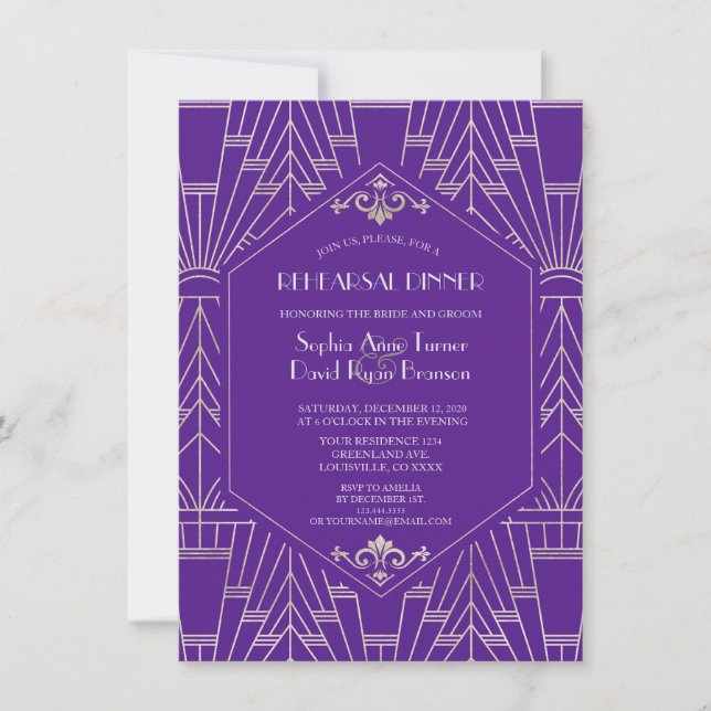 Invitation Dîner de répétition Royal Purple Silver Great Gats (Devant)