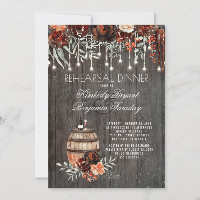 Invitation Dîner de répétition Rustic Winery Floral Lights (Devant)
