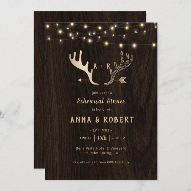 Invitation Dîner de répétition Rustic Wood Rose Gold Antlers (Devant / Derrière)