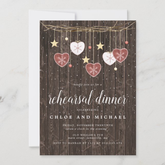 Invitation Dîner de répétition Rustic Wood Stars and Hearts (Devant)