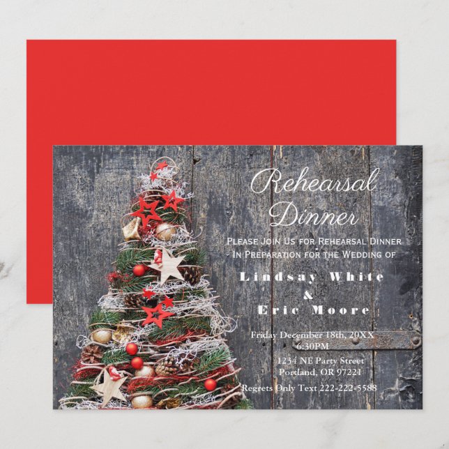 Invitation Dîner de répétition rustique de l'arbre de Noël (Devant / Derrière)