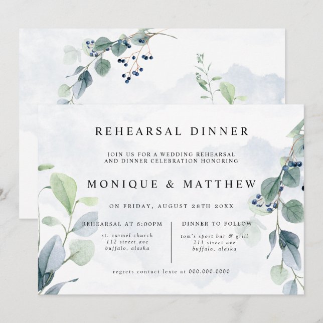 Invitation Dîner de répétition rustique Dusty Blue Eucalyptus (Devant / Derrière)