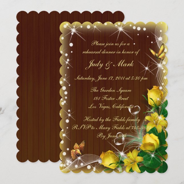 Invitation Dîner de répétition Rustique en bois foncé Jaune (Devant / Derrière)