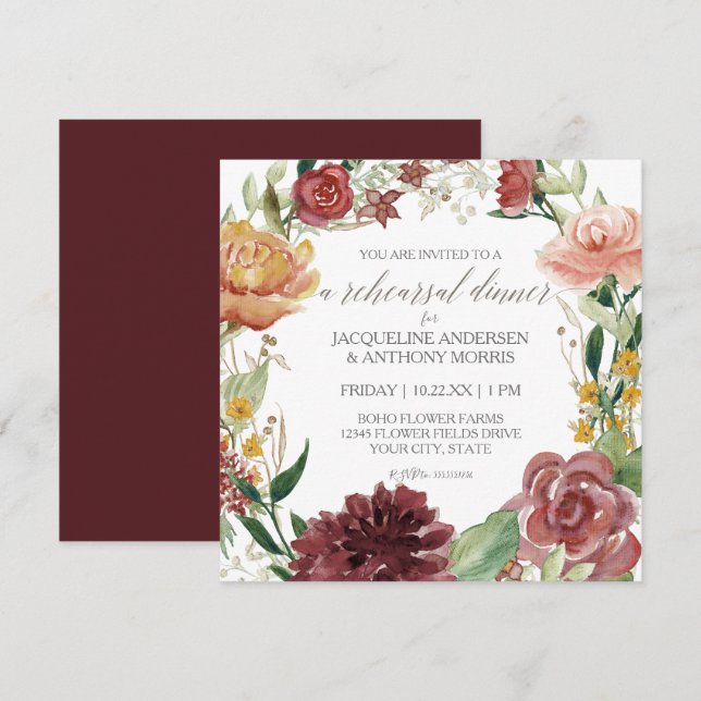 Invitation Dîner de répétition Rustique Floral Burgundy Blush (Devant / Derrière)