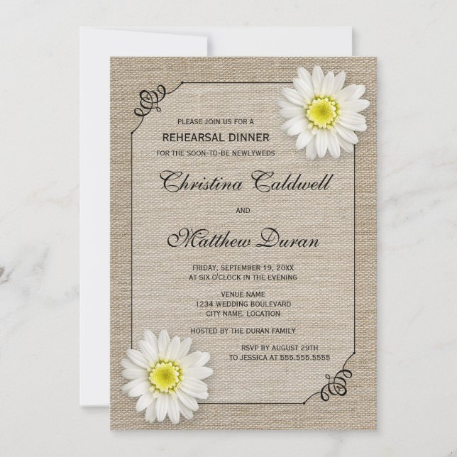 Invitation Dîner de répétition Rustique Jute et White Daisy (Devant)