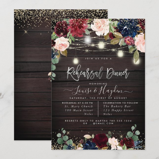 Invitation Dîner de répétition rustique pots Mason guirles lu (Devant / Derrière)