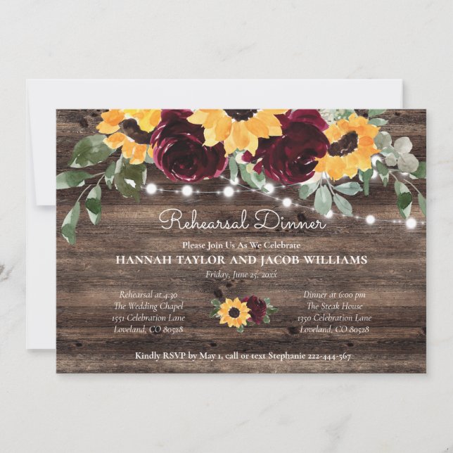 Invitation Dîner de répétition Rustique Sunflower Wood Lights (Devant)