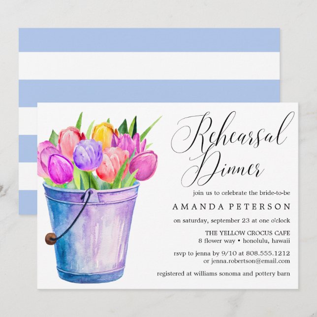 Invitation Dîner de répétition rustique Tulipes Aquarelle ten (Devant / Derrière)