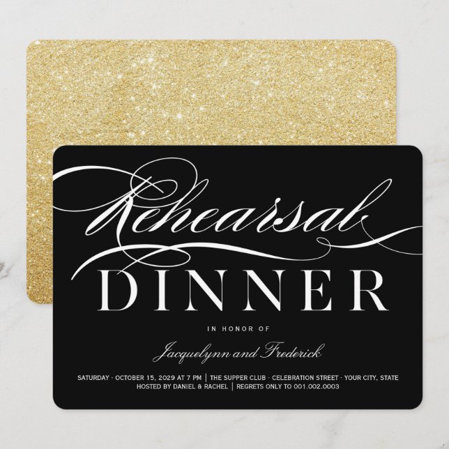 Invitation Dîner de répétition Script Gold Parties scintillan (Devant / Derrière)