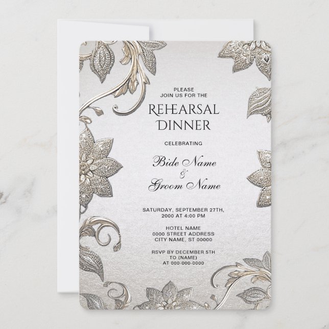 Invitation Dîner de répétition Silver Gold Floral (Devant)