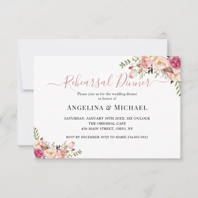 Invitation Dîner de répétition simple rose floral Mariage (Devant)